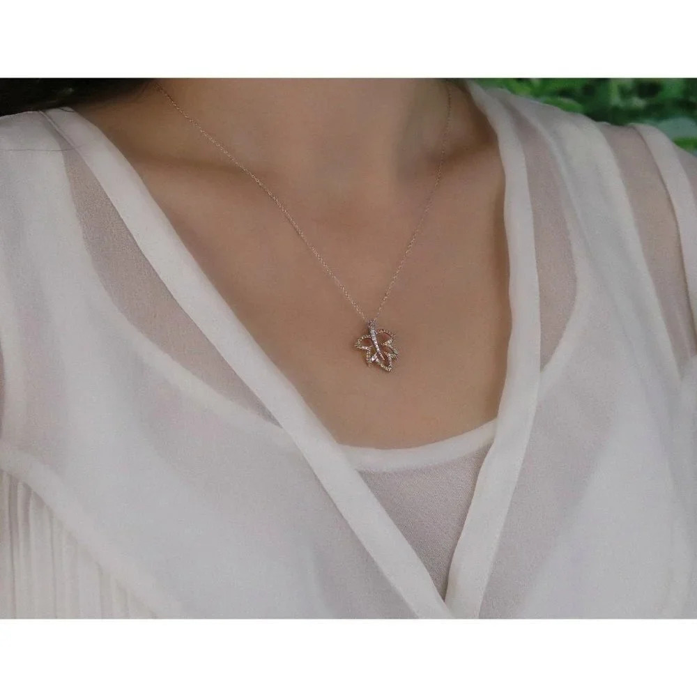 Pendant Only 14k White Gold and Yellow Gold Diamond Necklace Leaf Pendant - Picture 3 of 6